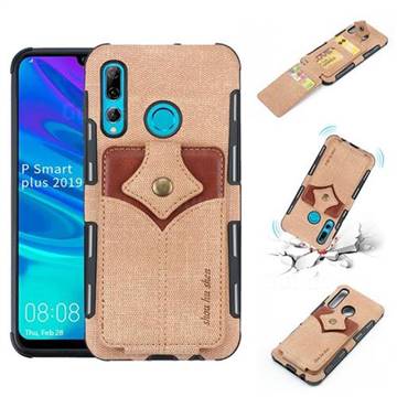 Maple Pattern Canvas Multi-function Leather Phone Back Cover for Huawei P Smart+ (2019) - Khaki