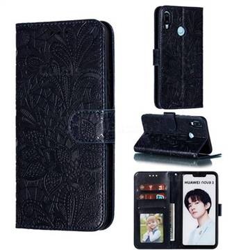 Intricate Embossing Lace Jasmine Flower Leather Wallet Case for Huawei P Smart+ (2019) - Dark Blue