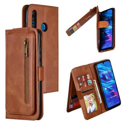 Multifunction 9 Cards Leather Zipper Wallet Phone Case for Huawei P Smart+ (2019) - Brown