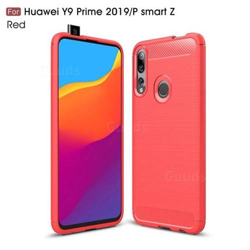 Luxury Carbon Fiber Brushed Wire Drawing Silicone TPU Back Cover for Huawei P Smart Z (2019) - Red