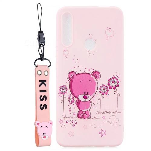Pink Flower Bear Soft Kiss Candy Hand Strap Silicone Case for Huawei P Smart Z (2019)