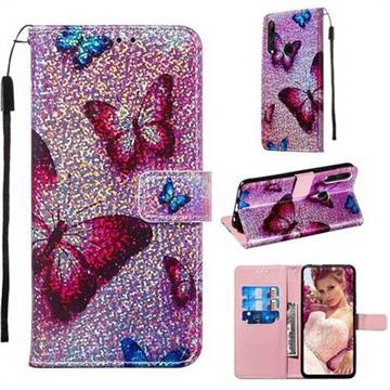 Blue Butterfly Sequins Painted Leather Wallet Case for Huawei P Smart Z (2019)