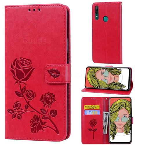 Embossing Rose Flower Leather Wallet Case for Huawei P Smart Z (2019) - Red