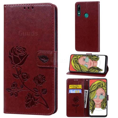 Embossing Rose Flower Leather Wallet Case for Huawei P Smart Z (2019) - Brown