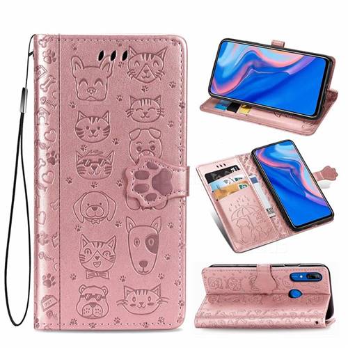 Embossing Dog Paw Kitten and Puppy Leather Wallet Case for Huawei P Smart Z (2019) - Rose Gold
