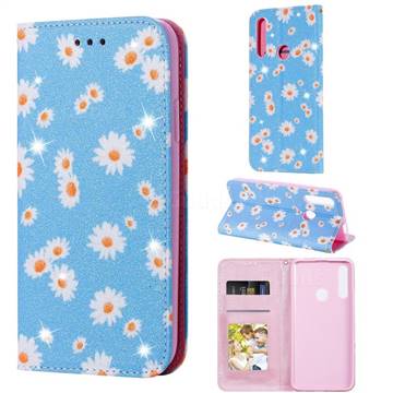 Ultra Slim Daisy Sparkle Glitter Powder Magnetic Leather Wallet Case for Huawei P Smart Z (2019) - Blue