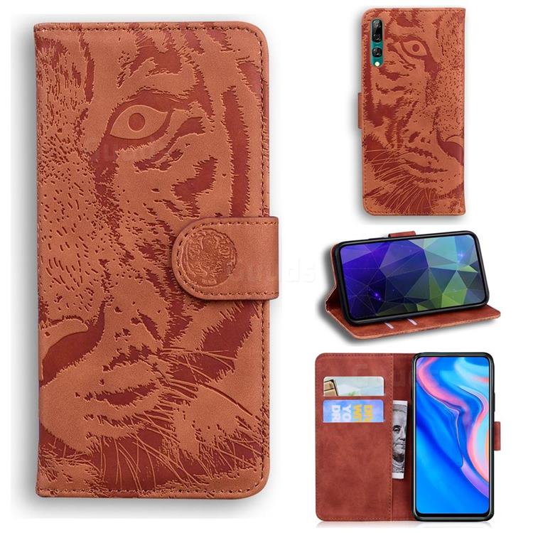 Intricate Embossing Tiger Face Leather Wallet Case for Huawei P Smart Z (2019) - Brown