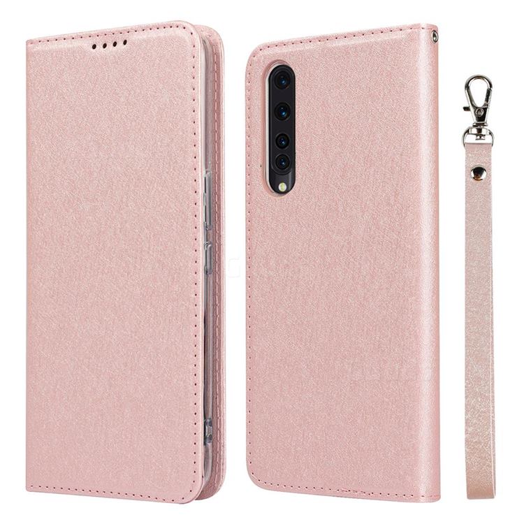 Ultra Slim Magnetic Automatic Suction Silk Lanyard Leather Flip Cover for Rakuten Big - Rose Gold