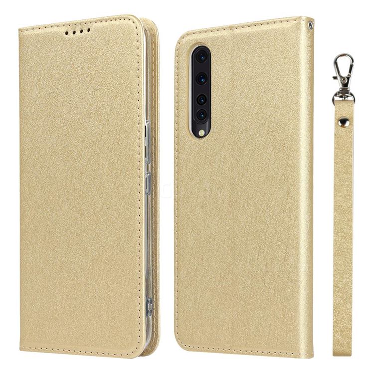 Ultra Slim Magnetic Automatic Suction Silk Lanyard Leather Flip Cover for Rakuten Big - Golden
