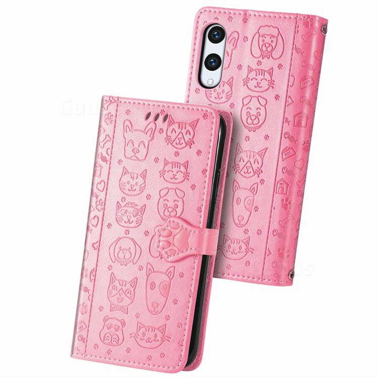 Embossing Dog Paw Kitten and Puppy Leather Wallet Case for Rakuten Hand - Pink