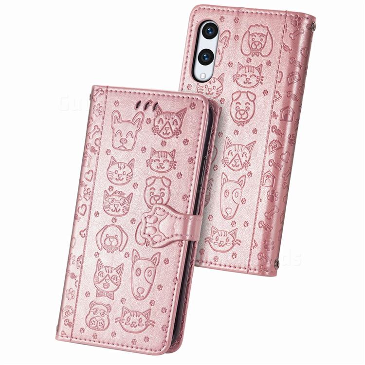 Embossing Dog Paw Kitten and Puppy Leather Wallet Case for Rakuten Hand - Rose Gold