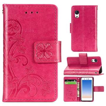 Embossing Imprint Four-Leaf Clover Leather Wallet Case for Rakuten Mini - Rose Red