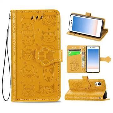 Embossing Dog Paw Kitten and Puppy Leather Wallet Case for Rakuten Mini - Yellow