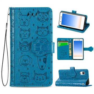 Embossing Dog Paw Kitten and Puppy Leather Wallet Case for Rakuten Mini - Blue