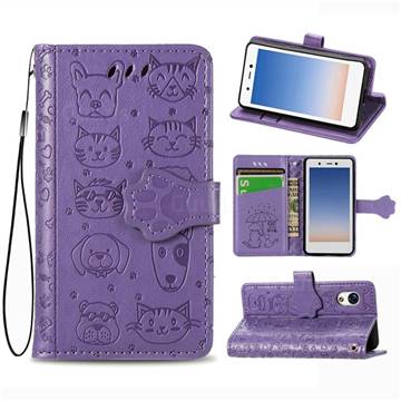 Embossing Dog Paw Kitten and Puppy Leather Wallet Case for Rakuten Mini - Purple