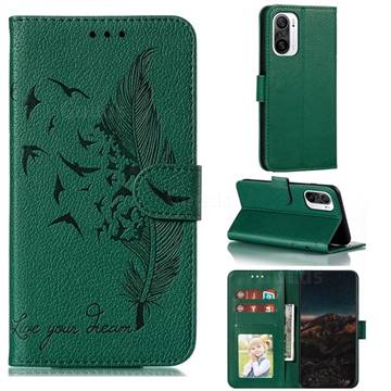 Intricate Embossing Lychee Feather Bird Leather Wallet Case for Xiaomi Redmi K40 / K40 Pro - Green