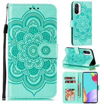 Intricate Embossing Datura Solar Leather Wallet Case for Xiaomi Redmi K40 / K40 Pro - Green