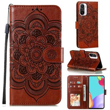 Intricate Embossing Datura Solar Leather Wallet Case for Xiaomi Redmi K40 / K40 Pro - Brown