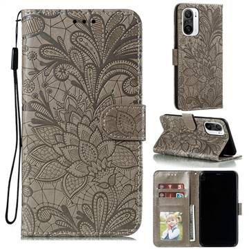 Intricate Embossing Lace Jasmine Flower Leather Wallet Case for Xiaomi Redmi K40 / K40 Pro - Gray