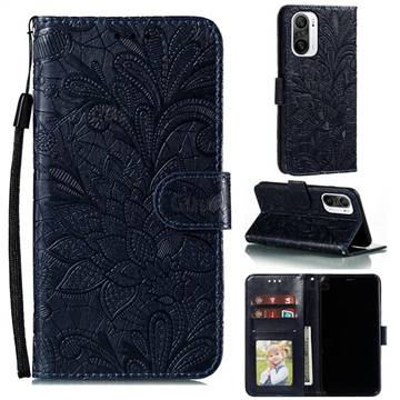Intricate Embossing Lace Jasmine Flower Leather Wallet Case for Xiaomi Redmi K40 / K40 Pro - Dark Blue