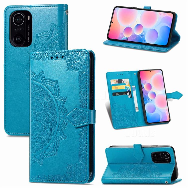 Embossing Imprint Mandala Flower Leather Wallet Case for Xiaomi Redmi K40 / K40 Pro - Blue
