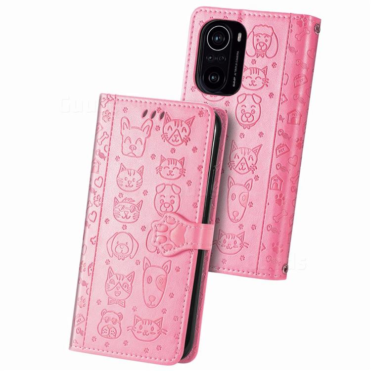Embossing Dog Paw Kitten and Puppy Leather Wallet Case for Xiaomi Redmi K40 / K40 Pro - Pink