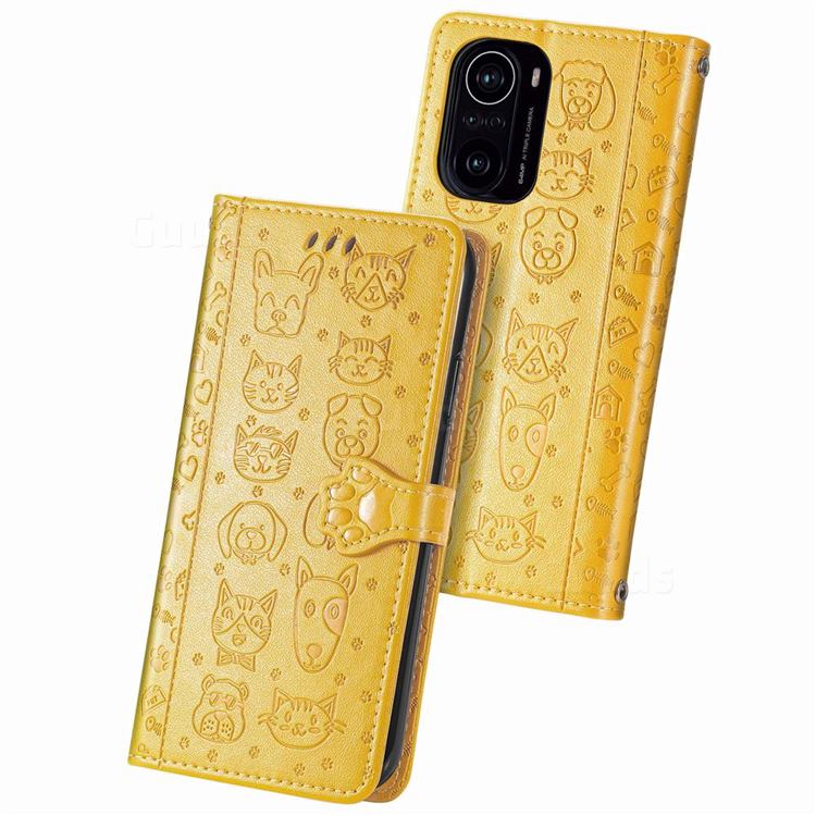 Embossing Dog Paw Kitten and Puppy Leather Wallet Case for Xiaomi Redmi K40 / K40 Pro - Yellow