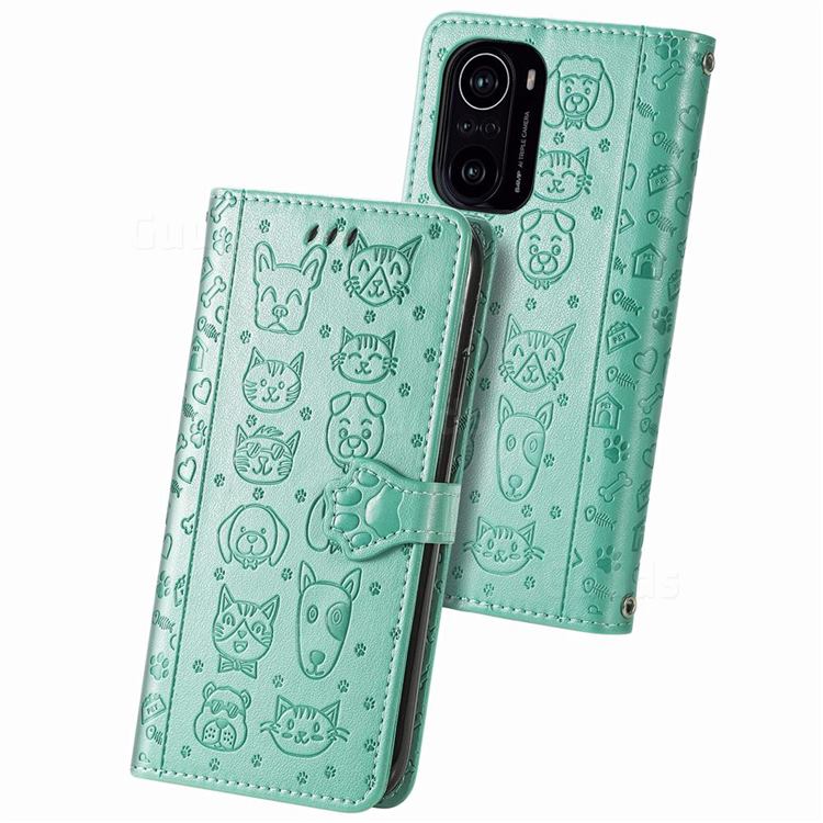 Embossing Dog Paw Kitten and Puppy Leather Wallet Case for Xiaomi Redmi K40 / K40 Pro - Green