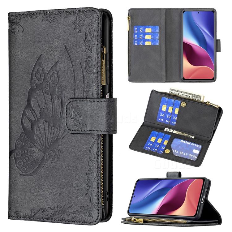 Binfen Color Imprint Vivid Butterfly Buckle Zipper Multi-function Leather Phone Wallet for Xiaomi Redmi K40 / K40 Pro - Black