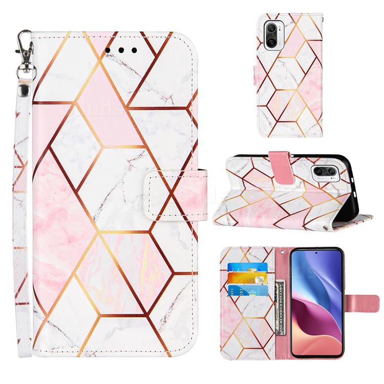 Pink White Stitching Color Marble Leather Wallet Case for Xiaomi Redmi K40 / K40 Pro