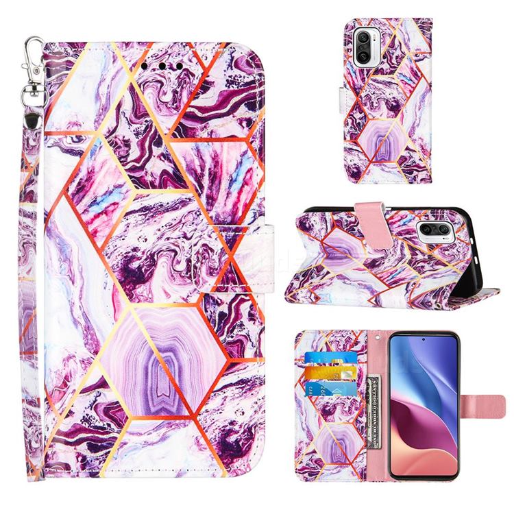 Dream Purple Stitching Color Marble Leather Wallet Case for Xiaomi Redmi K40 / K40 Pro