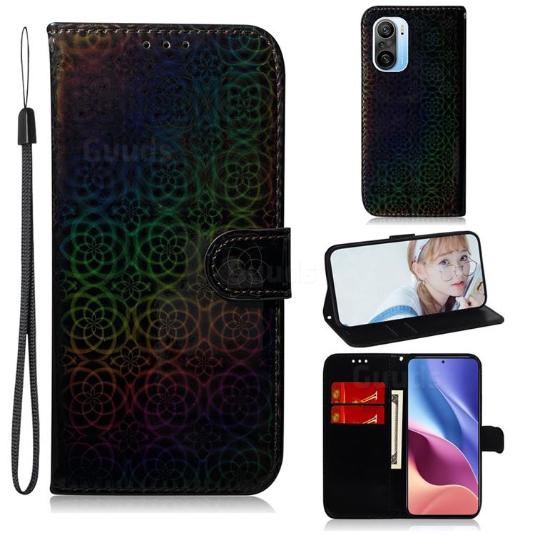 Laser Circle Shining Leather Wallet Phone Case for Xiaomi Redmi K40 / K40 Pro - Black