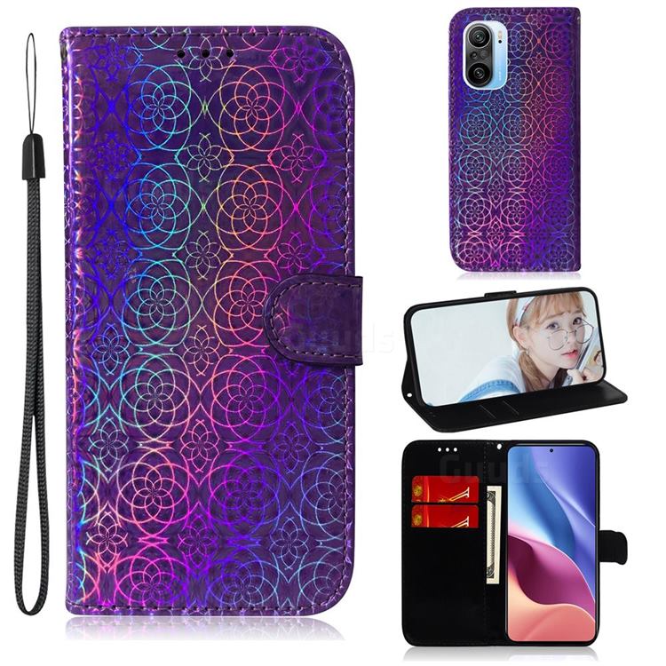 Laser Circle Shining Leather Wallet Phone Case for Xiaomi Redmi K40 / K40 Pro - Purple