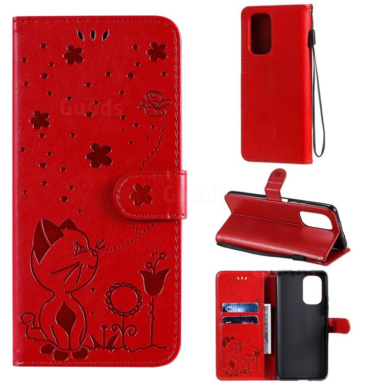 Embossing Bee and Cat Leather Wallet Case for Xiaomi Redmi K40 / K40 Pro - Red