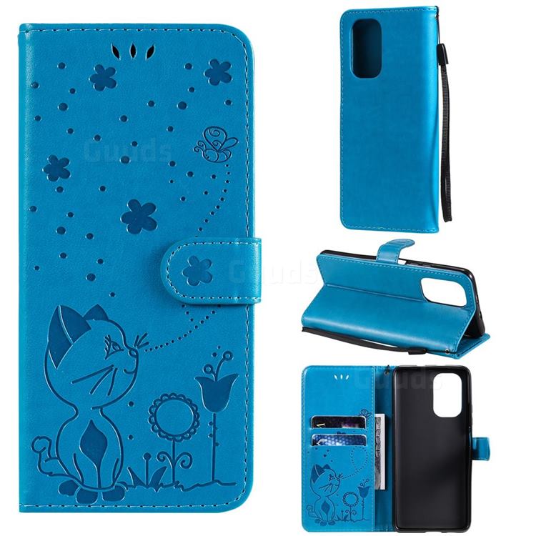 Embossing Bee and Cat Leather Wallet Case for Xiaomi Redmi K40 / K40 Pro - Blue
