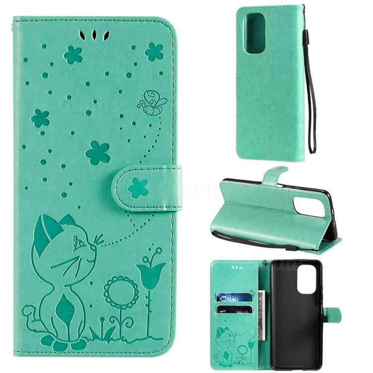 Embossing Bee and Cat Leather Wallet Case for Xiaomi Redmi K40 / K40 Pro - Green