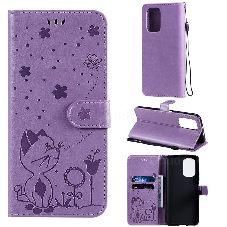 Embossing Bee and Cat Leather Wallet Case for Xiaomi Redmi K40 / K40 Pro - Purple