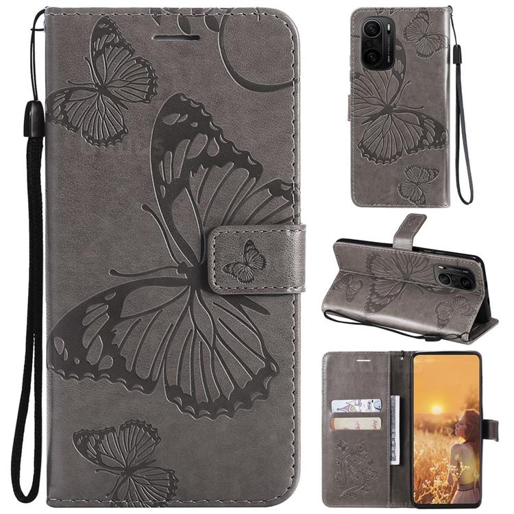 Embossing 3D Butterfly Leather Wallet Case for Xiaomi Redmi K40 / K40 Pro - Gray