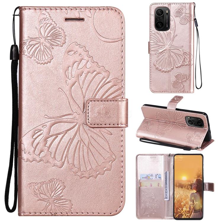 Embossing 3D Butterfly Leather Wallet Case for Xiaomi Redmi K40 / K40 Pro - Rose Gold