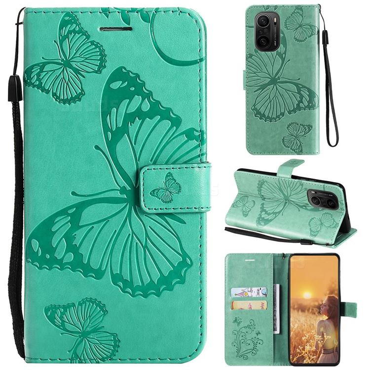 Embossing 3D Butterfly Leather Wallet Case for Xiaomi Redmi K40 / K40 Pro - Green