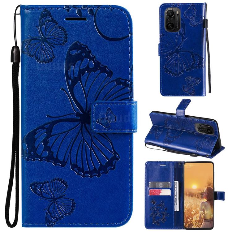 Embossing 3D Butterfly Leather Wallet Case for Xiaomi Redmi K40 / K40 Pro - Blue
