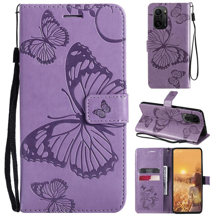 Embossing 3D Butterfly Leather Wallet Case for Xiaomi Redmi K40 / K40 Pro - Purple