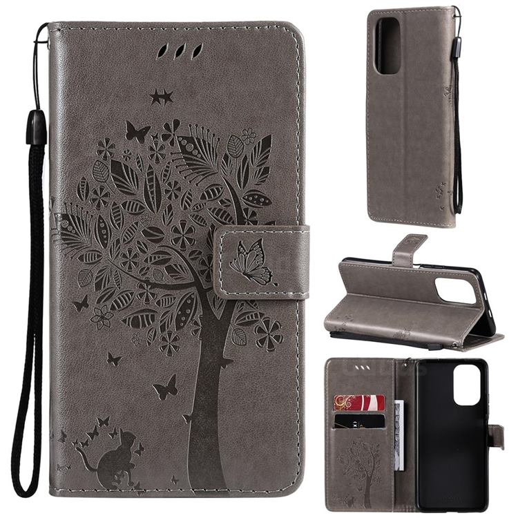 Embossing Butterfly Tree Leather Wallet Case for Xiaomi Redmi K40 / K40 Pro - Grey
