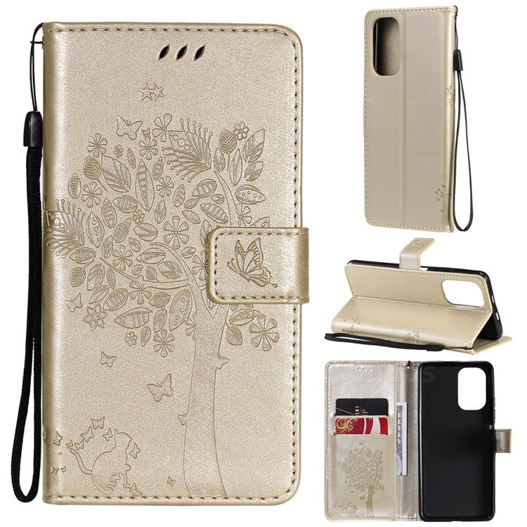 Embossing Butterfly Tree Leather Wallet Case for Xiaomi Redmi K40 / K40 Pro - Champagne