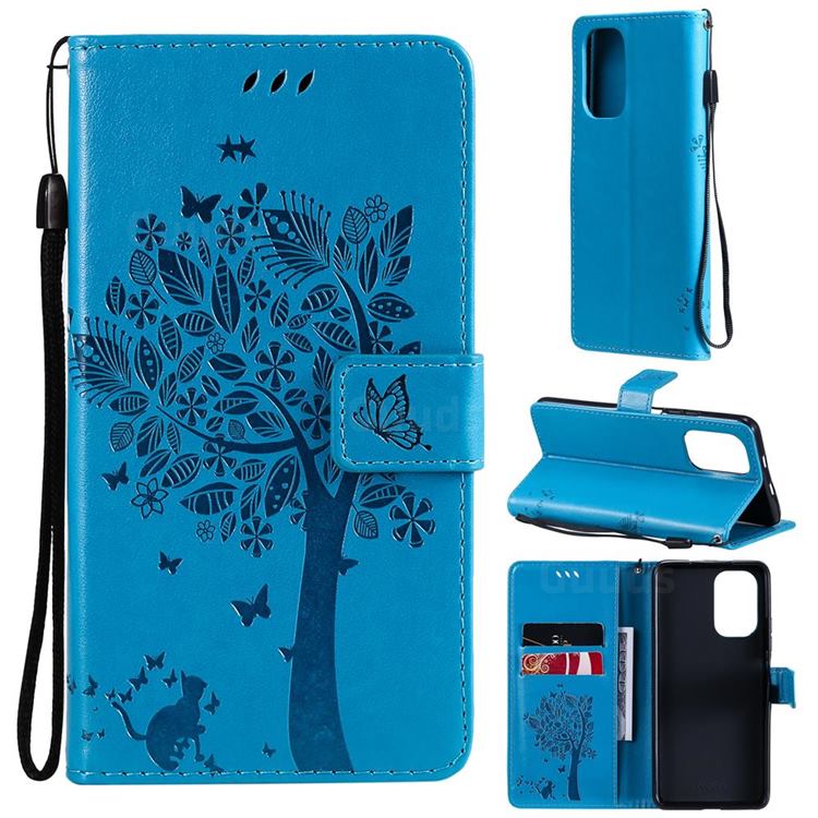Embossing Butterfly Tree Leather Wallet Case for Xiaomi Redmi K40 / K40 Pro - Blue