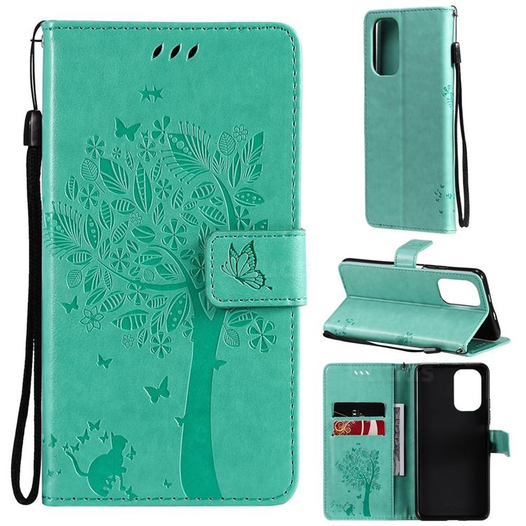 Embossing Butterfly Tree Leather Wallet Case for Xiaomi Redmi K40 / K40 Pro - Cyan