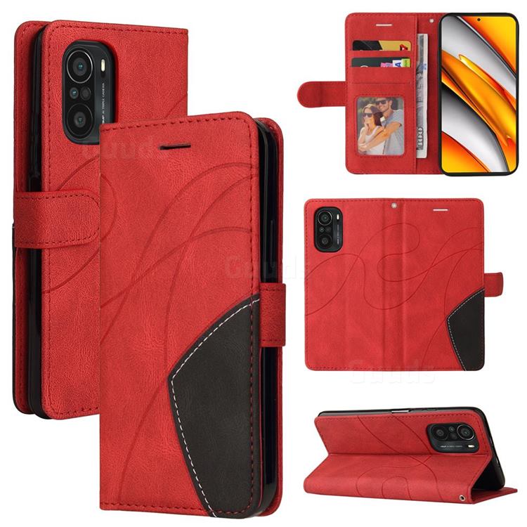 Luxury Two-color Stitching Leather Wallet Case Cover for Xiaomi Redmi K40 / K40 Pro - Red