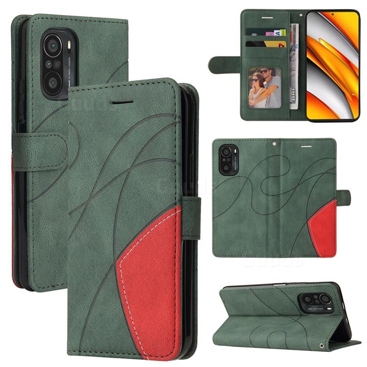 Luxury Two-color Stitching Leather Wallet Case Cover for Xiaomi Redmi K40 / K40 Pro - Green