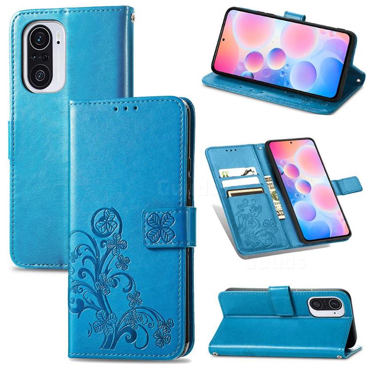 Embossing Imprint Four-Leaf Clover Leather Wallet Case for Xiaomi Redmi K40 / K40 Pro - Blue