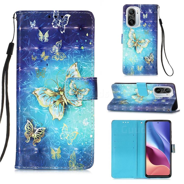 Gold Butterfly 3D Painted Leather Wallet Case for Xiaomi Redmi K40 / K40 Pro